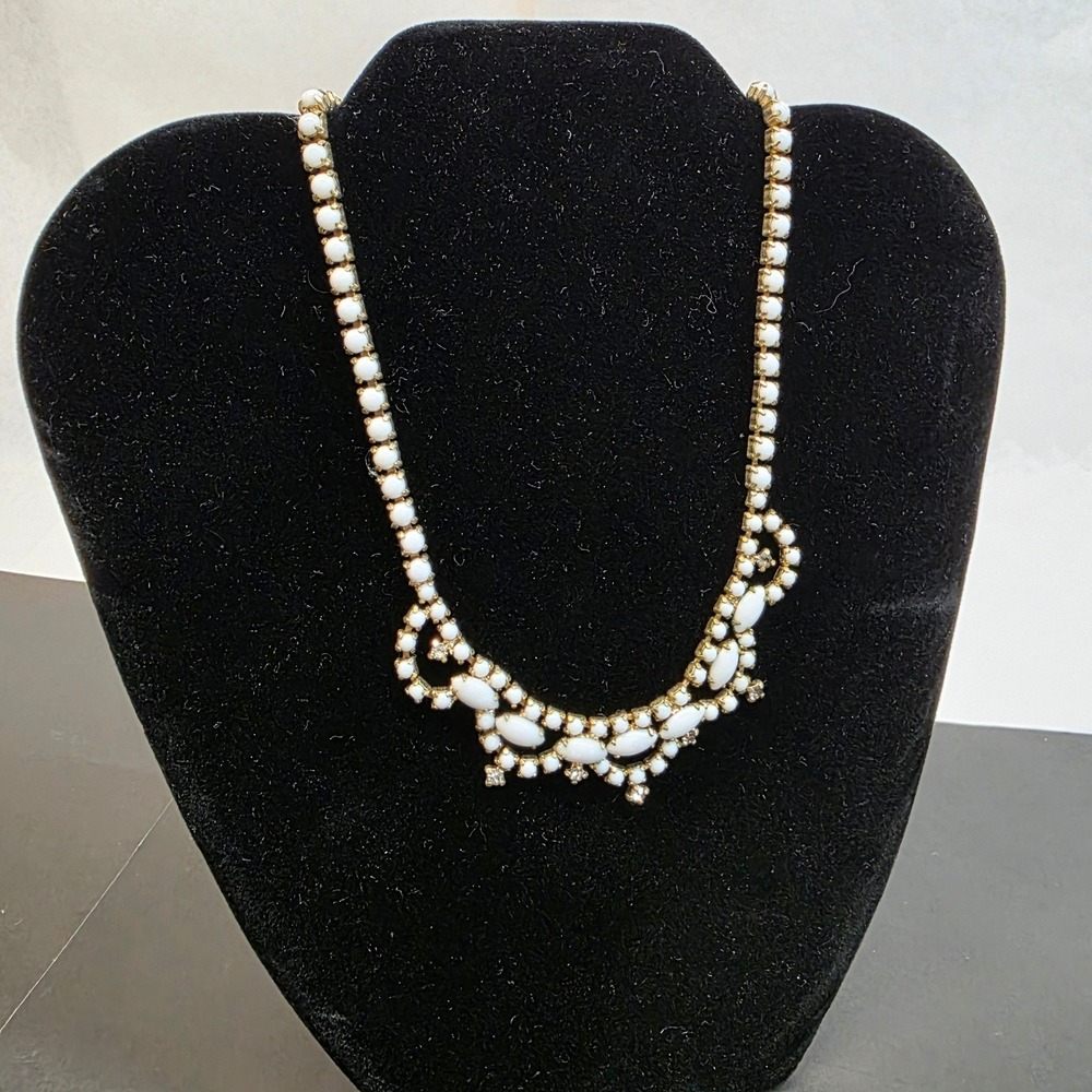 Vintage 16" Milk Glass Rhinestone Bib Necklace White Gold